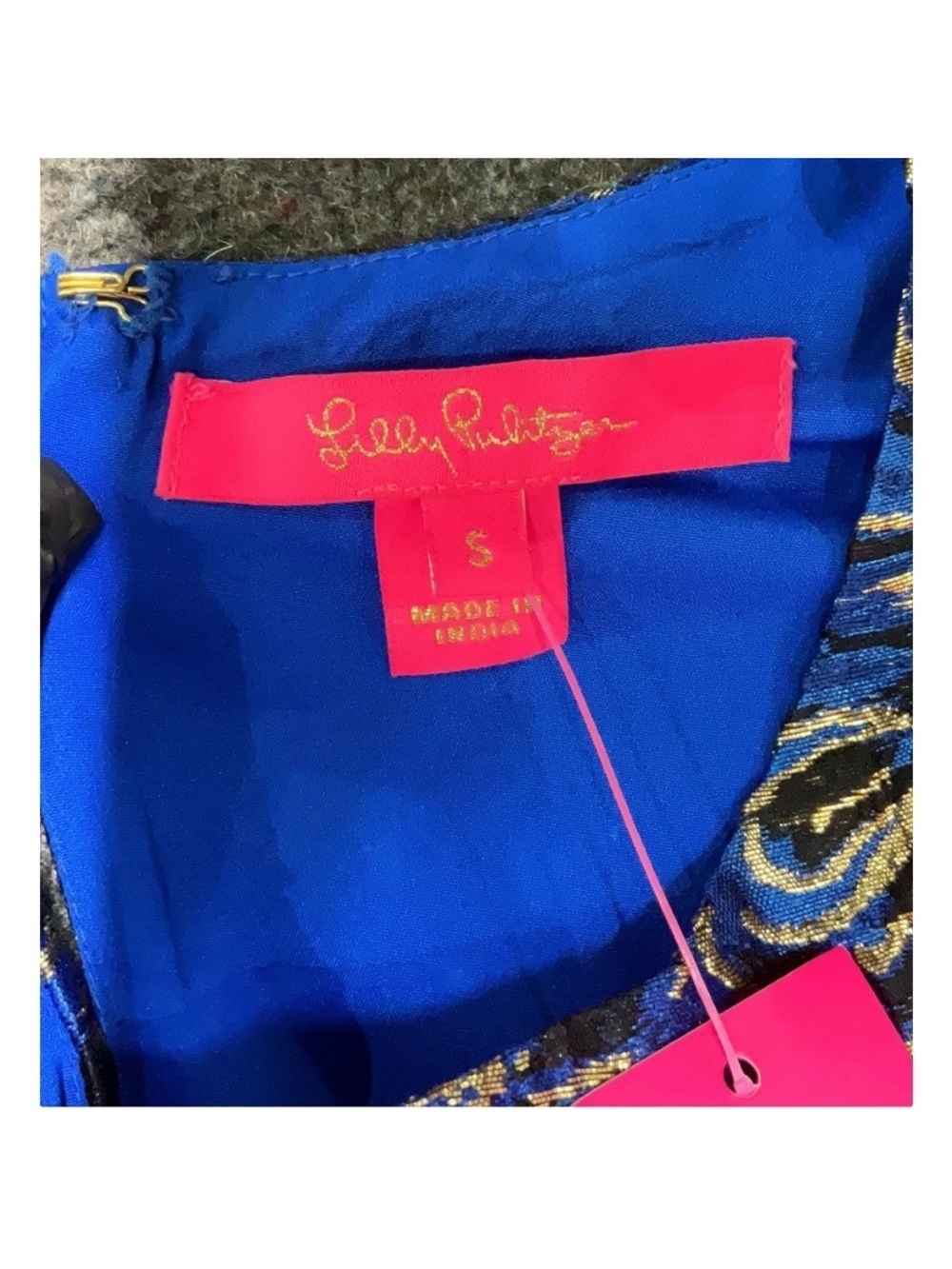 Lilly Pulitzer Pratt Brocade Top Blue Grotto Twilight Floral Gold Puff Sleeve S - Picture 5 of 5